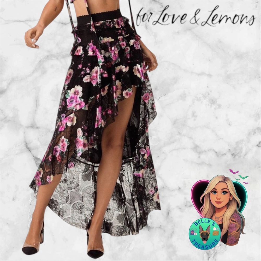 For Love & Lemons Womens Medium Benatar Tiered Ruffle Hi-Low Skirt Floral Lace